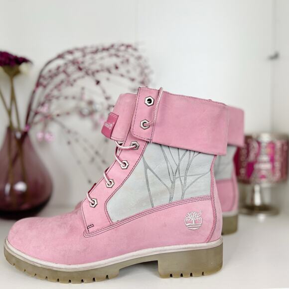 Timberland Waterproof Leather Fold Down Lace-Up Combat Boots Pink Size 8 M - Picture 1 of 12